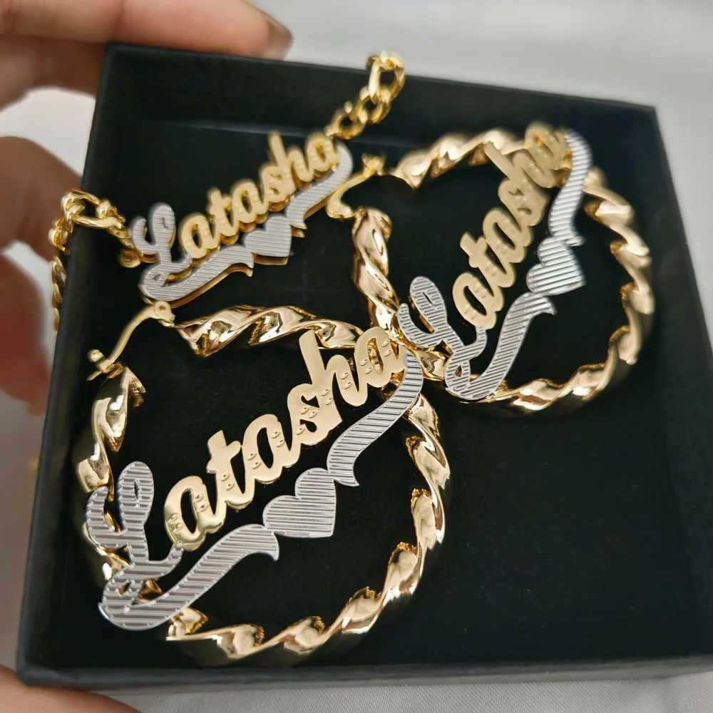 

LeeChee Two Color Tone Custom Name Letter Necklace 50mm Twist Hoop Earrings Hiphop Stainless Steel Jewelry Set For Her