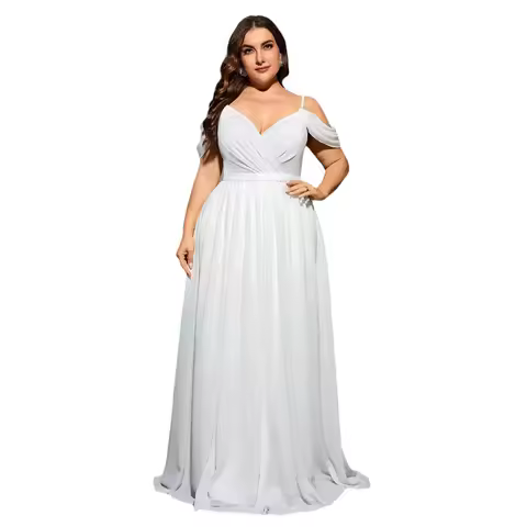 Off Shoulder Spaghetti Straps V-neck Chiffon Long Plus Size Formal Evening Dress White