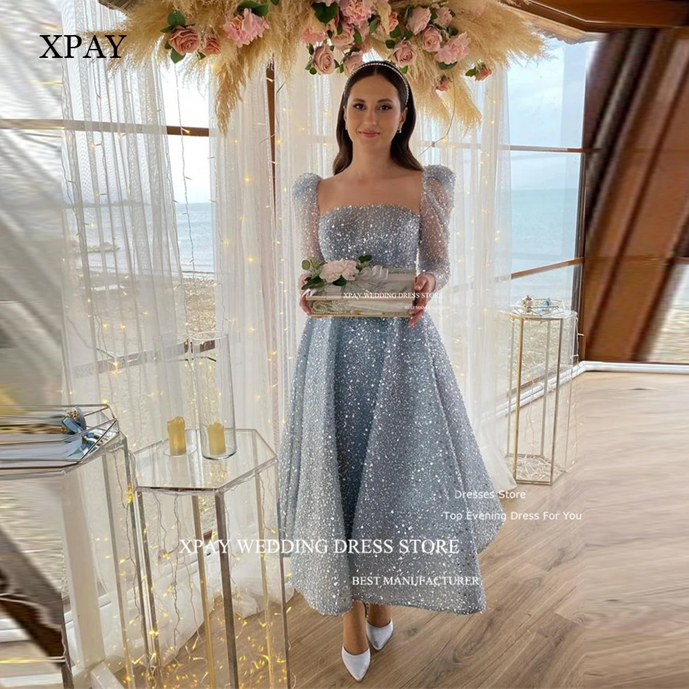 

XPAY Glitter Grey A Line Wedding Party Dresses Modest Sparkly Dusty Blue Ankle Length Prom Gowns Arabic Women Formal Evening