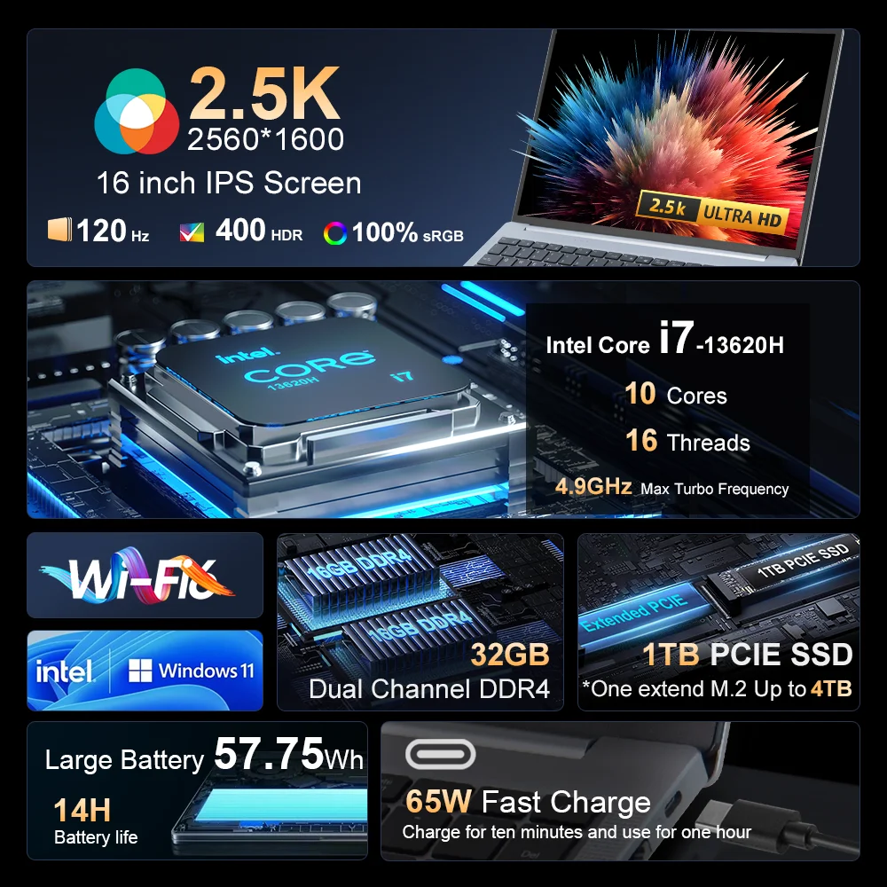 كمبيوتر محمول Ninkear N16 Pro بسعة 16 جيجابايت و12 جيجابايت و13th Intel i7-13620H مقاس 16 بوصة 2.5 كيلو IPS 120 هرتز كمبيوتر ألعاب 57.75 وات في الساعة وفتح بصمة الإصبع