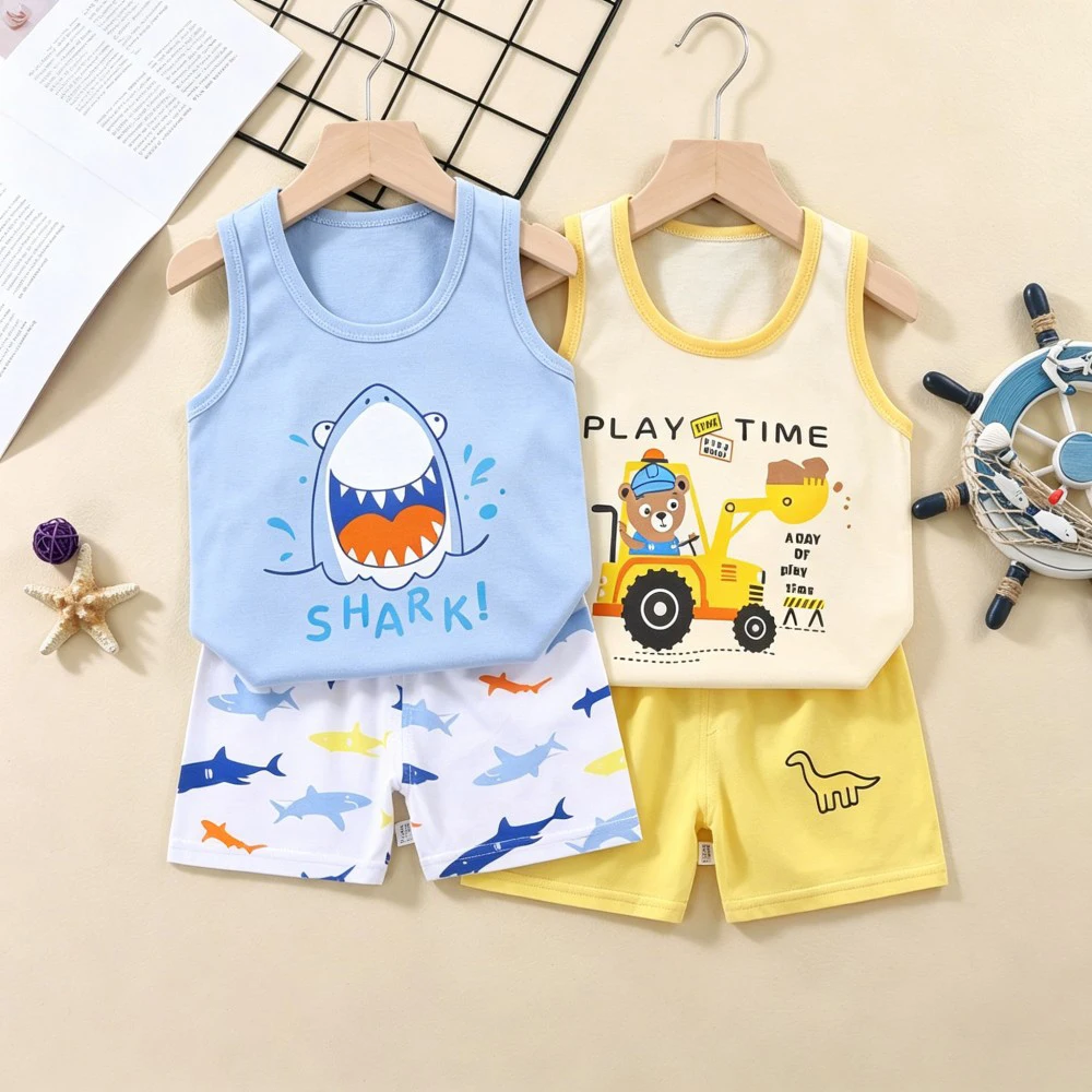 Infant Cartoon Print Sleeveless Sleepwear Cotton Toddler Boys Girls Vest Shorts Pajamas Set Summer Breathable Kids Night Suit