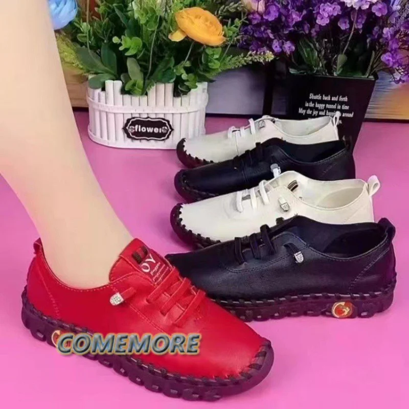 New Spring Sneakers Women Shoes Platform Loafers Casual Lace Up Leather PU Flat Slip-On Mom Hollow Out Summer Footwear Big Size