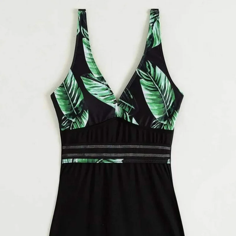 New leaf print color-blocked one-piece swimsuit with boxer shorts