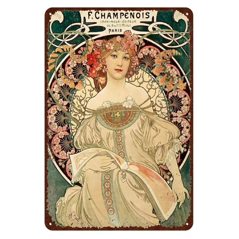 Znaki na metalowej blaszce w stylu Vintage piękno-Art Nouveau dekoracyjne znaki cztery pory roku-ilustracja dziewczyna wystrój Retro ściana znaki