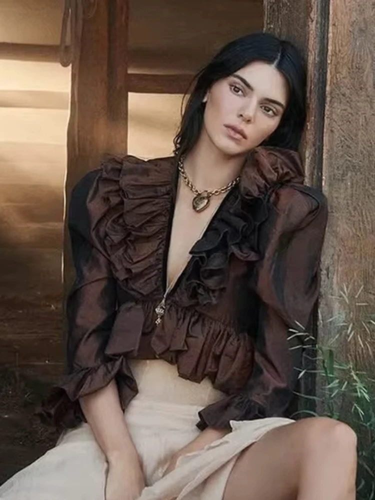 

Whatiwear Elegant T-Shirts Women Spring New Trend Puff Sleeves Sexy Deep V-Neck Ruched Ruffled Patchwork Vacation Party Tess