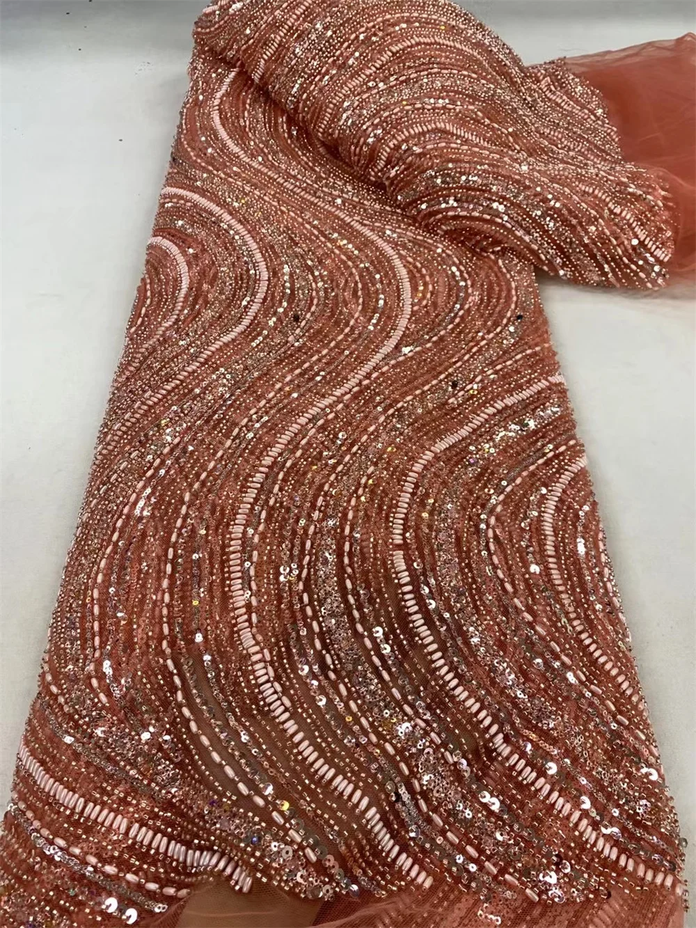 Peach African Bead Lace Fabric 2024 High Quality Sequin bead Lace French Nigerian Lace Tulle Mesh Fabric For Wedding Party A77-1