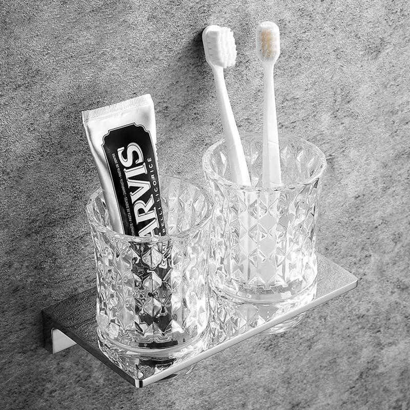 Chrome Finish Brass Toothbrush Holder With Cup Holder Wall Mounted Bathroom Storage Rack For Bathroom Accessories