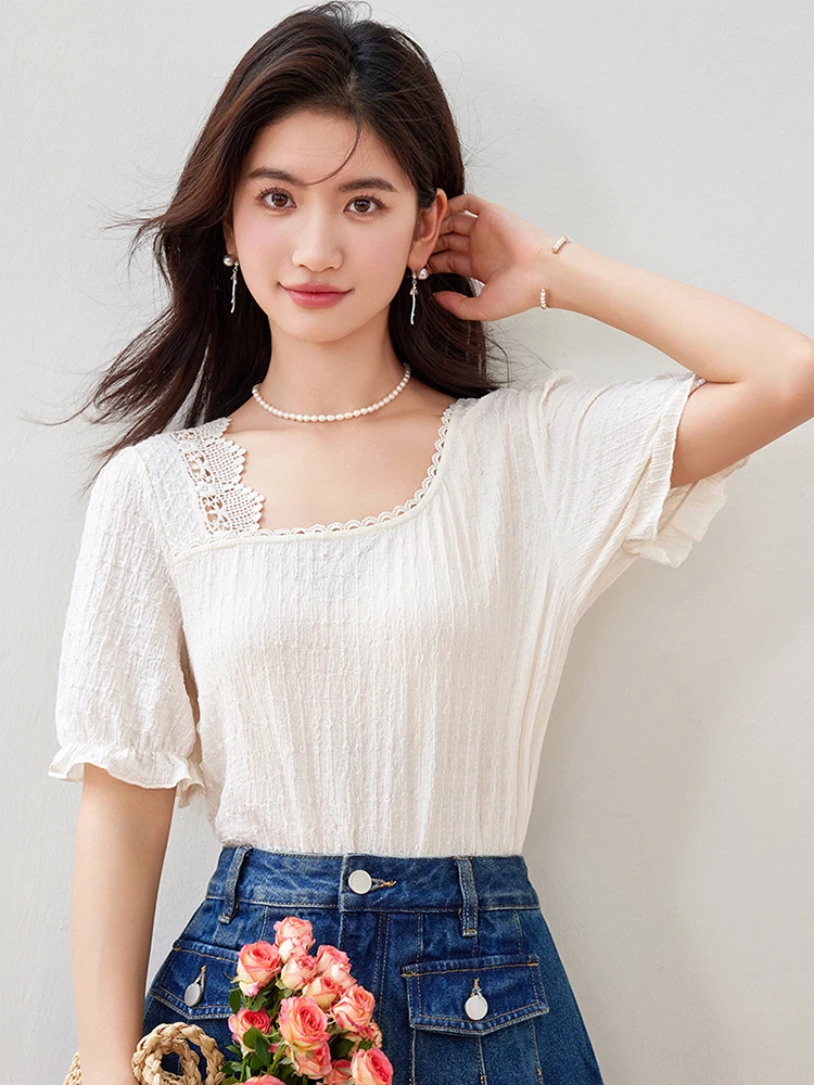 Summer French Lace Splicing Square Collar Shirt Women 2024 New Fashion Casual Loose Short Sleeve Blouse Tops