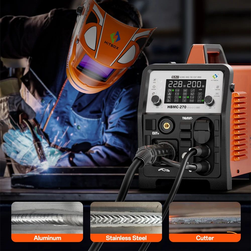 

HITBOX HBMC270 6 in 1 Aluminum Welding Machine Gasless Stick/MIG/Gas MIG/HF TIG/Plasma Cutter/Spot 2T/4T Multi Process Welder
