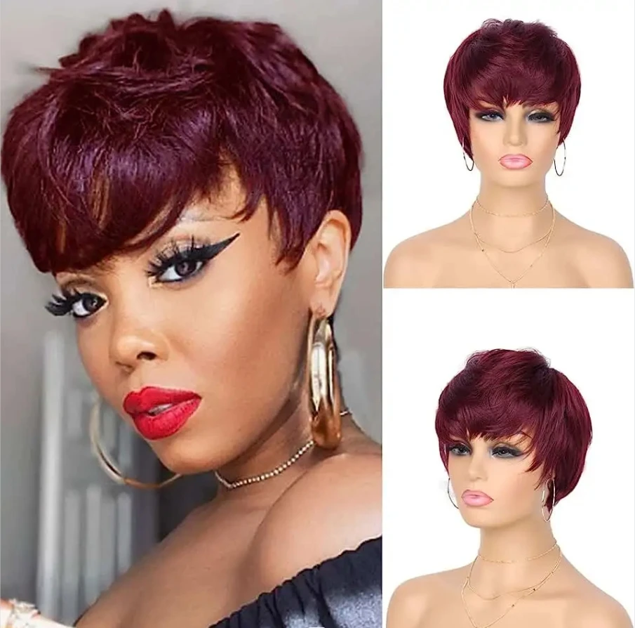 Rosso bordeaux 99J colore corto Bob Pixie Cut parrucca con frangia dritto 100% parrucche di capelli umani Remy per le donne parrucca piena fatta a