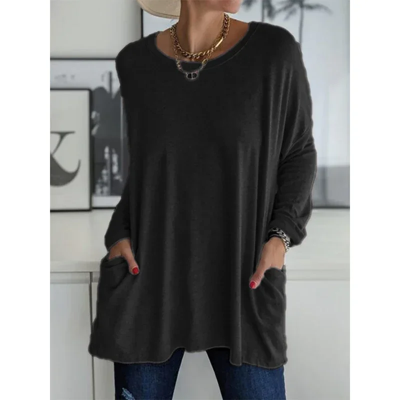 Solid Color Vintage Pocket Oversized T-shirt Female Clothing Fashion Autumn Tunics Basic Y2k Top Women 2025 Long Sleeve T Shirt