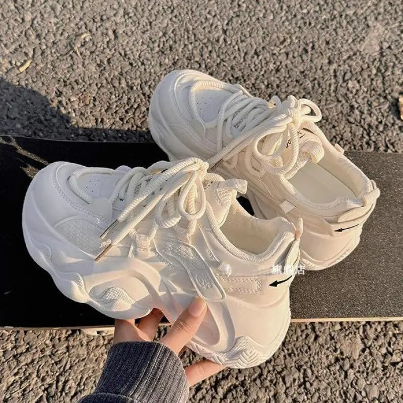 High Platform Sneakers Women Leather Dad Shoes Women Black Chunky Sneakers Thick Sole Shoes Fashion Height Increasing Shoes