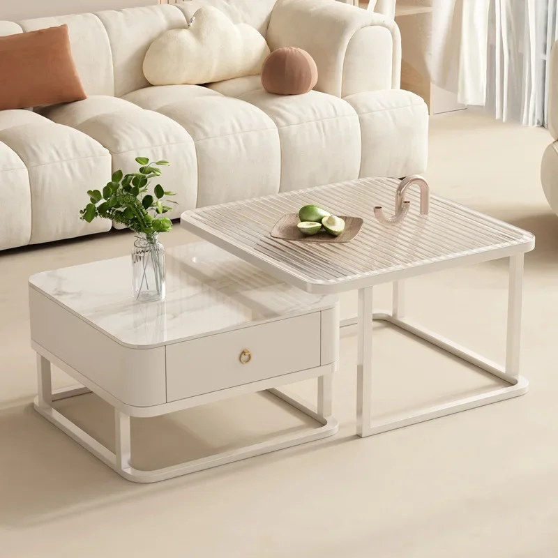 

Luxury modern wrought iron frame rock plate glass coffee table set with cabinet