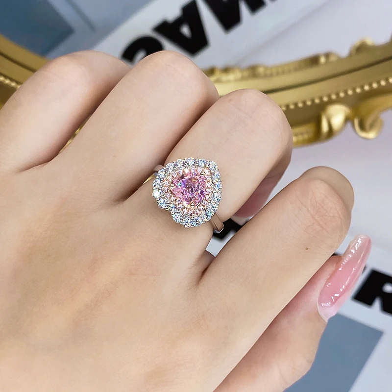 The Latest Fashion Pink Love Ring Female s925 Sterling Silver Heart Diamond Delicate Luxury Wedding Anniversary Fine Jewelry