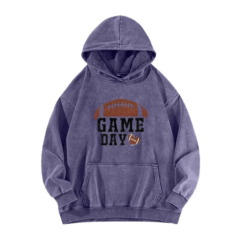 Game Day Rugby Football Casual Washed Hoodie Football Games Lover Sports Fans Unisex Pullovers Vintage Sweatshirt Top Women