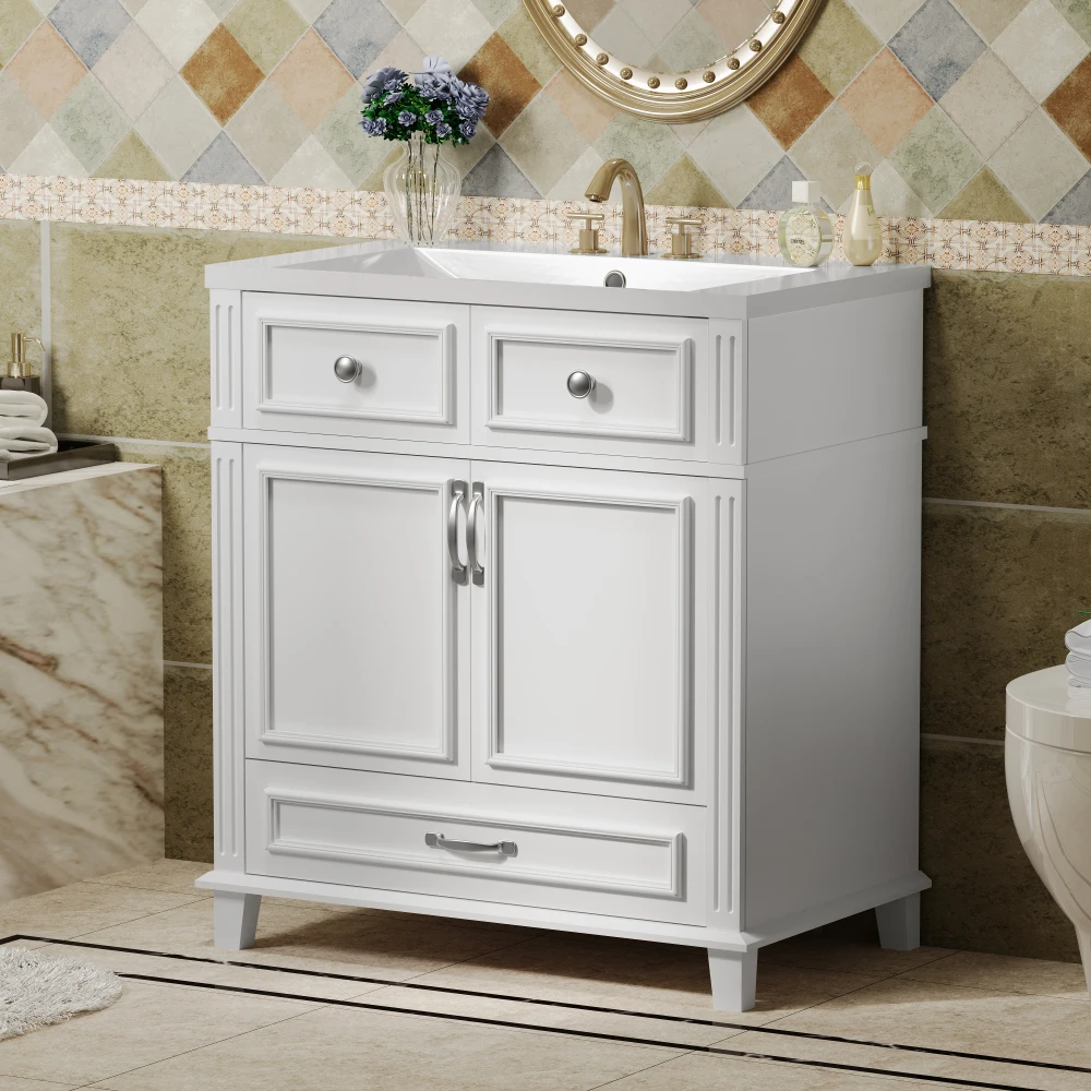 30'' Bathroom Vanity with Resin Sink, Solid Wood Frame Bathroom Storage Cabinet with Soft Closing Doors, Retro Style, White