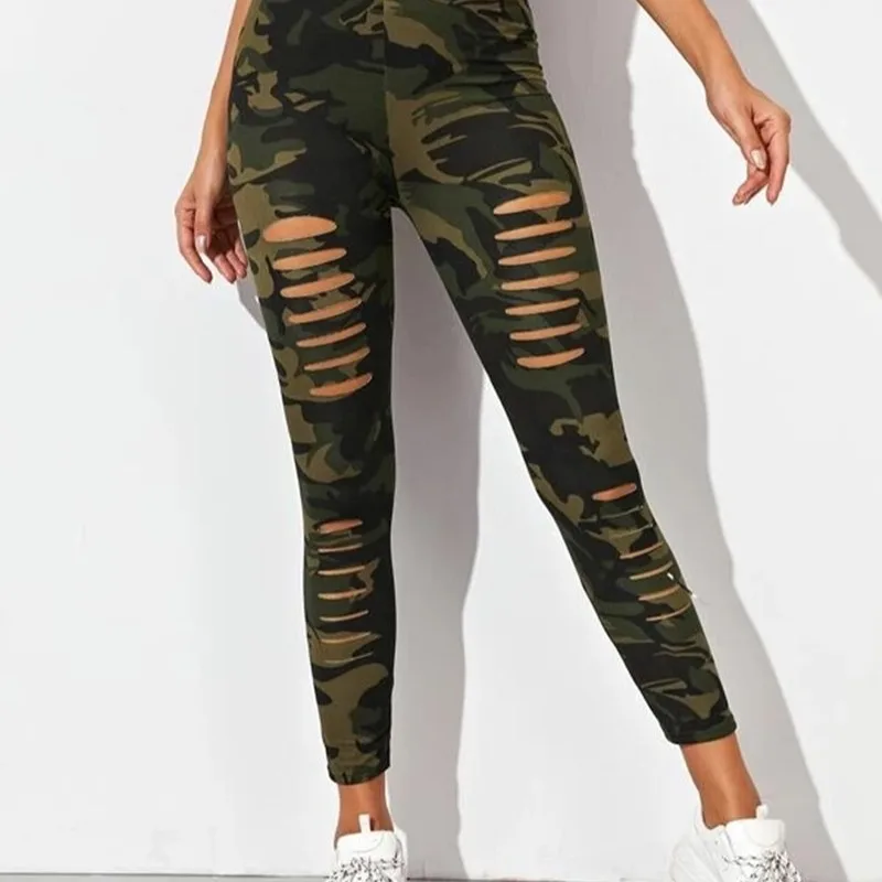 Mallas de camuflaje rasgadas para mujer, pantalones elásticos ajustados, de cintura alta, para entrenamiento, Fitness, correr, gimnasio, Push Up