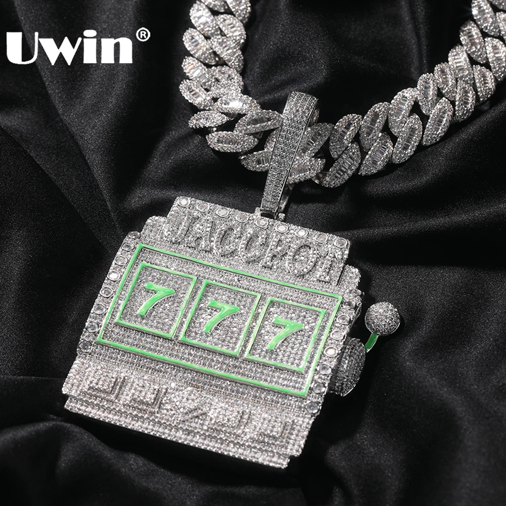 UWIN Glow in the Dark Slot Machines Pendant Necklaces Bling Iced Out Zircon Lucky 777 Charms Necklace Fashion Hip Hop Jewelry