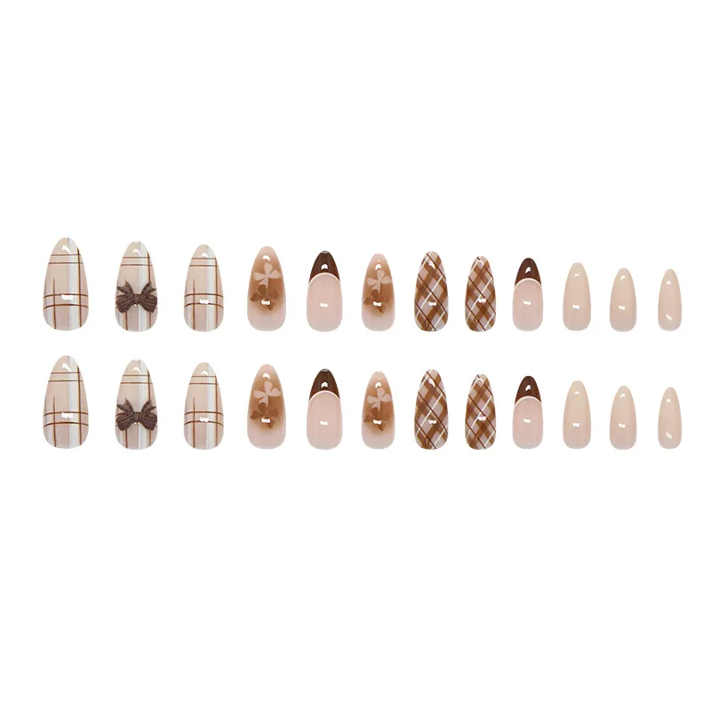 24pcs Brown Bowknot Fake Nail Tips Autumn French Almond Press on Nails Wearable Full Cover Brown Blush Korean Cute False Nails