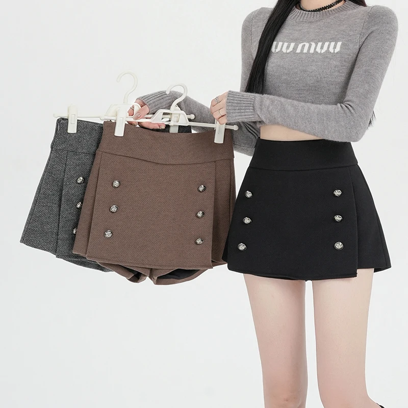 2026 Women Woolen Skort Winter High Waist Wide Leg Short Skort, Double Breasted Button Design Anti Chafing Boot Skort