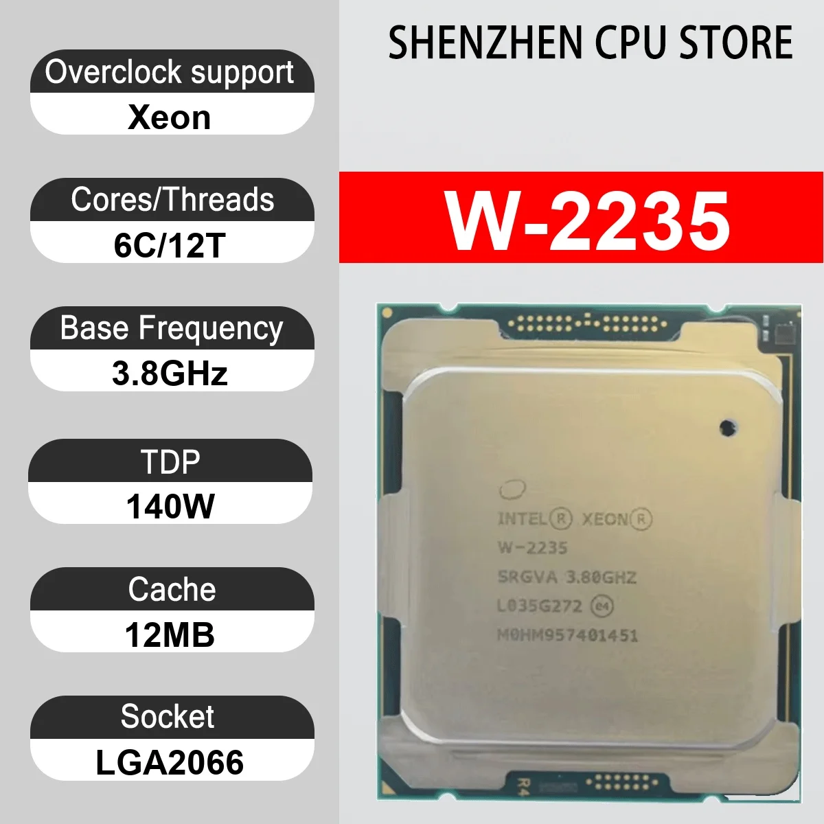 Intel Xeon W-2235 6 Core 12 Thread 3.8GHz 140W 12MB Cache 14nm Cascade Lake-W DDR4-2933 MHz SRF97 LGA2066 UHD Graphics P630
