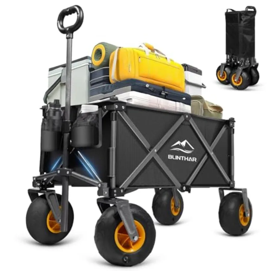 

Beach Wagon with Big Wheels for Sand Heavy Duty Harder Sand Collapsible Folding Wagon with All-Terrain 9 Pneumatic Ballon Tires