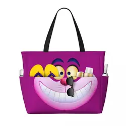 Custom Smiling Cheshire Cat Beach Tote Bag Women Alice In Wonderland Big Compartment Beach Gym Travel Bags