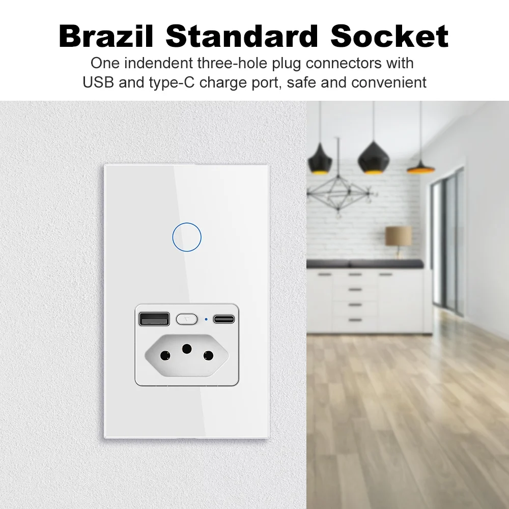Manhot WiFi Smart Light Switch 16A Brazil Socket USB Type-C with 1/2 Gang Wall Touch Switch Timer APP Control Alexa Google Home