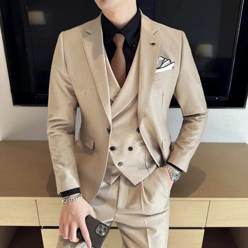 

Men's Suit 3 Pieces British Korean Version Slim Fitting Casual Solid Color Suitable For Wedding Banquet Jacket Vest With Pants