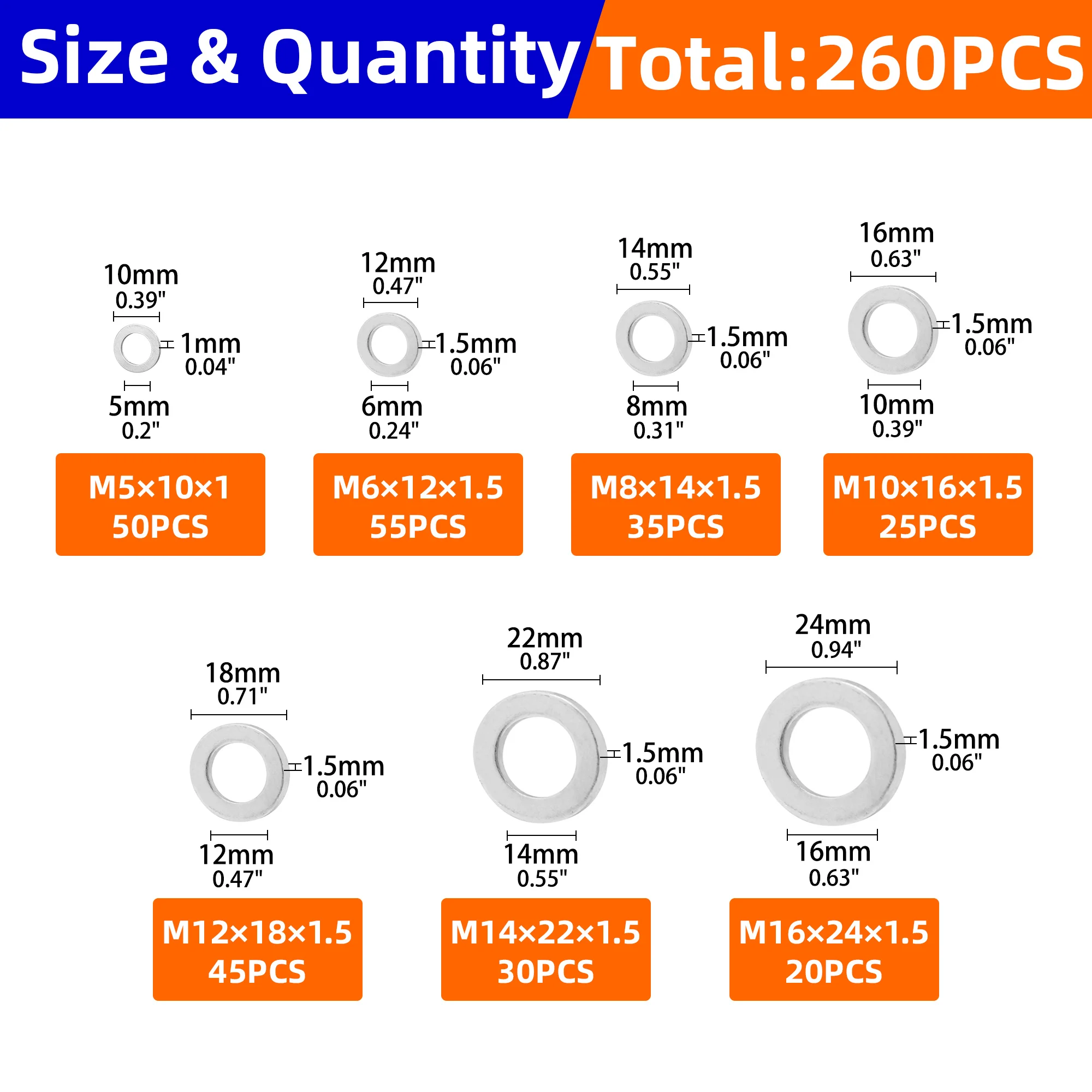 260pcs Aluminum Crush Washer Oil Drain Plug Gasket Assortment Kit, 5/6/8/10/12/14/16mm Replacement for Honda Acura Civic