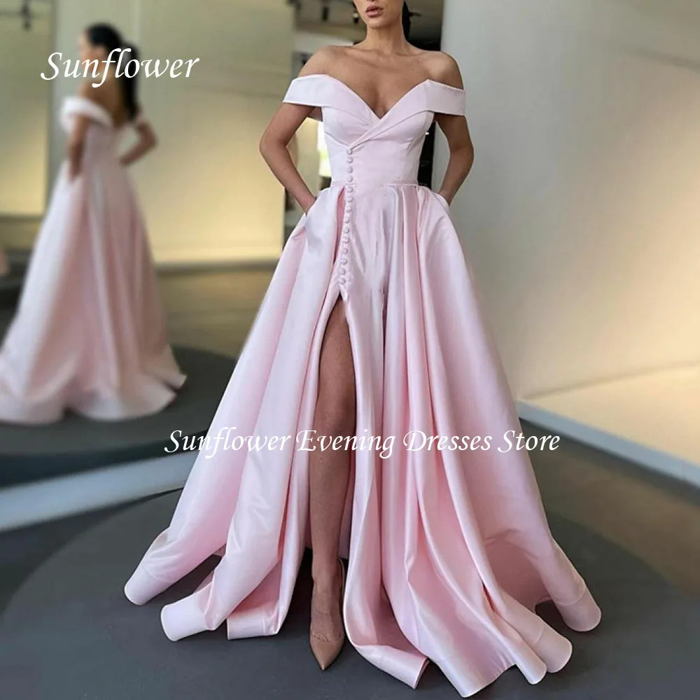 

Sunflower Off the Shoulder Prom Gown A-LINE Evening Dress Satin Floor-Length Party Dress 2023 Backless Side Split Wedding Dress