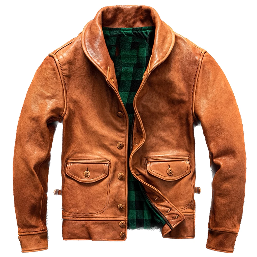 

New Fashion Youth Mans Sheepskin Jacket Coat Real Sheep Leather Single Breasted Mens Coats Vintage Orange Green Autumn/Winter