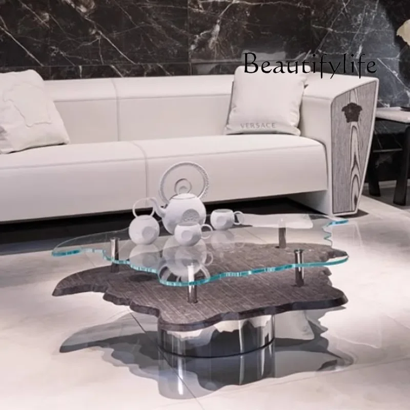 M Italian Light Luxury Tempered Glass Marble Special-shaped Coffee Table High-end Design Solid Wood Coffee Table