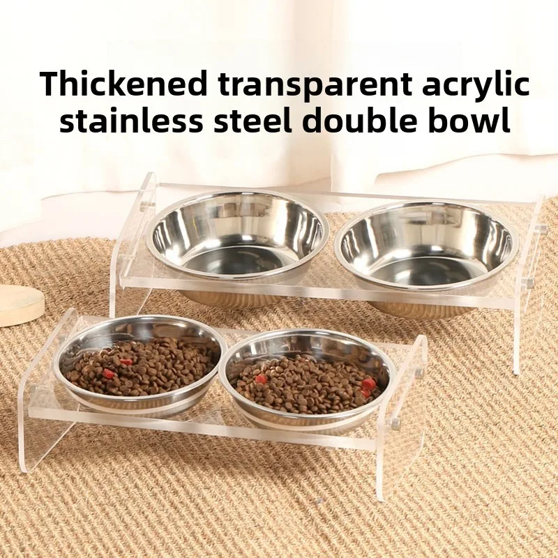 Detachable Pets Feeding Double Bowl Transparent Stainless Steel Cats Bowls Portable High Capacity Dogs Water Bowls Home Pet Bowl