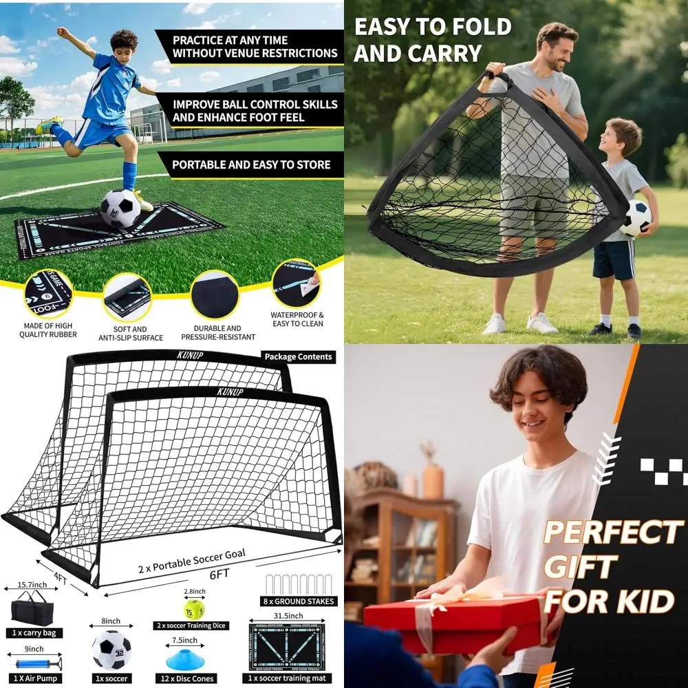 

Портативные детские футбольные ворота с тренировочным комплектом, тренировочным оборудованием, мячом, кубиками, ковриком, конусами, воздушным насосом, сумкой для переноски для малышей и детей.