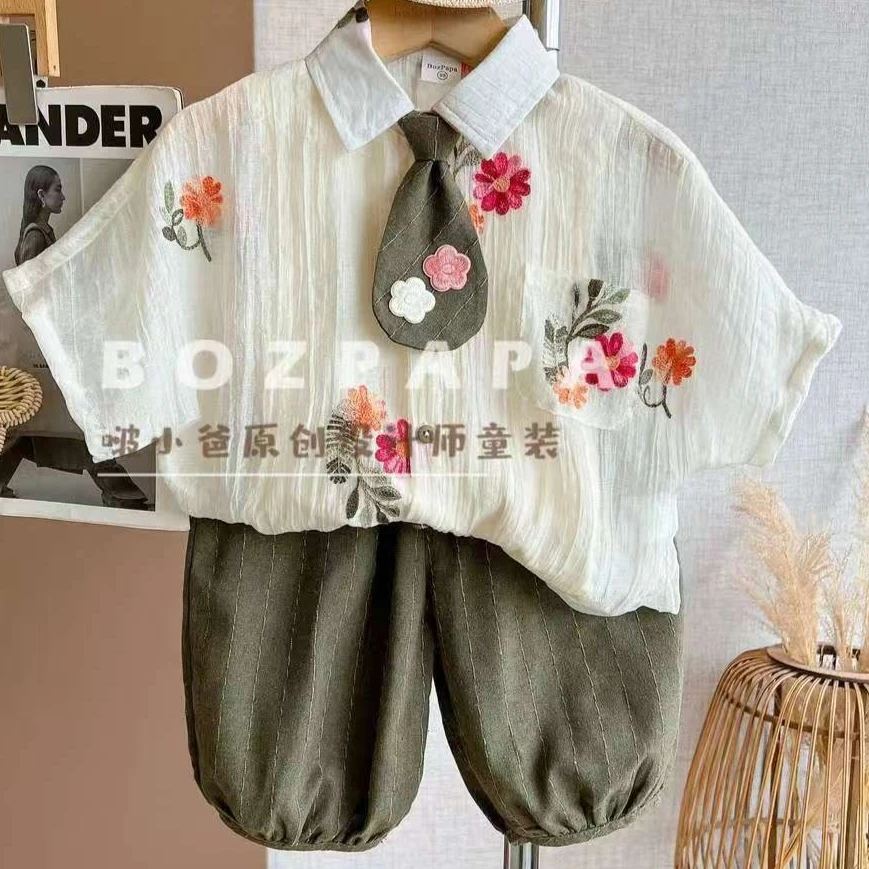 Boys Suit 2026 Spring/summer New Childrens Wear Boys Baby Tulle Jacquard Shirt Foreign Style Seven Minute Pants Two-piece Set