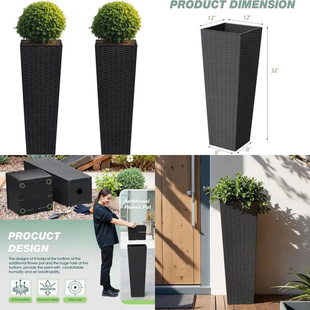 

Resin Rattan Planters Set, 32 Inch Tall Flower Pots with Extra Soil Pot, Durable Weather-Resistant Outdoor Planters