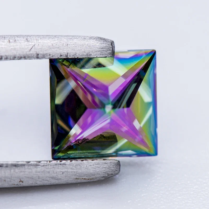 Moissanite Stone Rainbow Green Color Princess Cut Lab Grown Diamond for Charms DIY Jewelry Making Materials with GRA Certificate