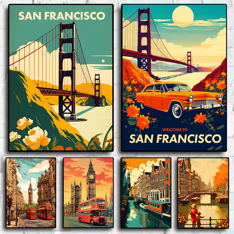 Vintage Tourist Landscape Posters Warm Color Canvas Painting London San Francisco Wall Art Pictures Living Room Decoration