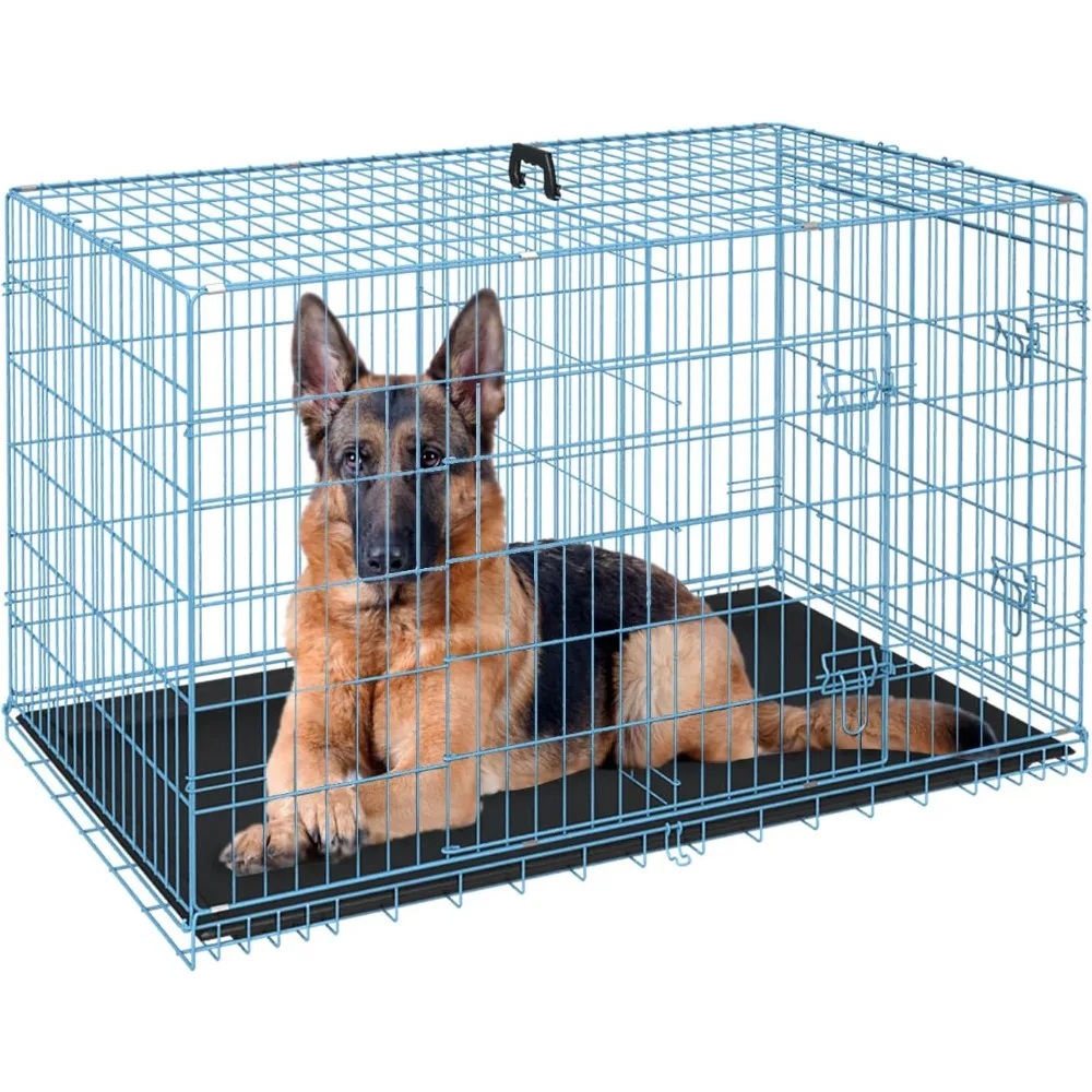 

Dog Crate for Large Dogs 48 Inch Folding Metal WirePet Cage Double Door W/Divider Panel Indoor Outdoor Kennel Leak-Proof Plasti