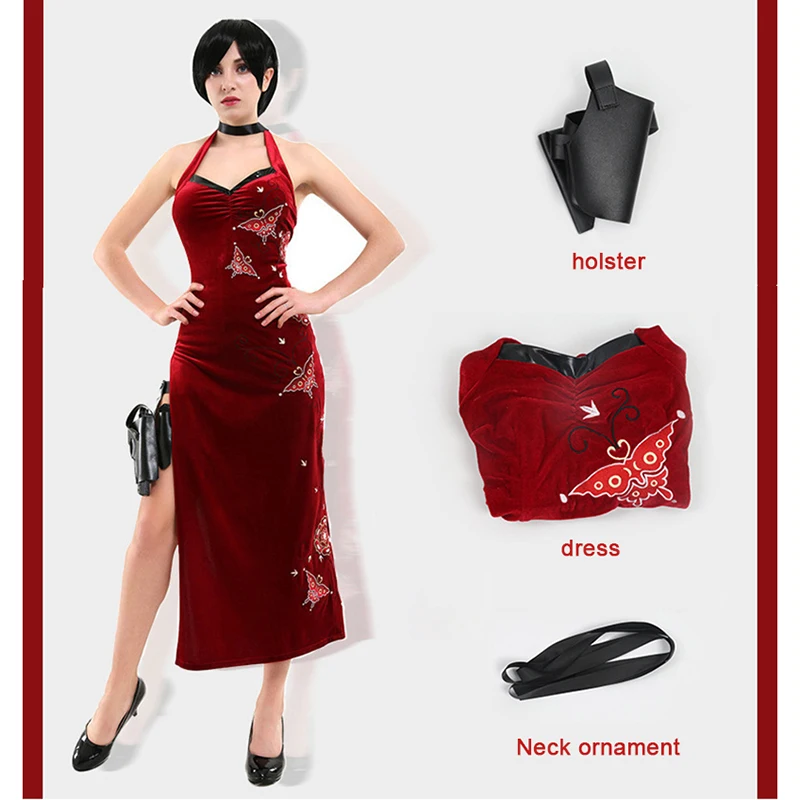 Resident Evil Ada Wong Cosplay Halloween Slit Cheongsam Sexy Suspender Special Agent Clothing Embroidered Dress