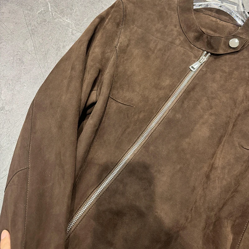 레트로 커피 스웨이드 키드 가죽 숏 재킷 여성용 2025 가을 패션 사선 지퍼 A라인 진짜 가죽 긴팔 재킷