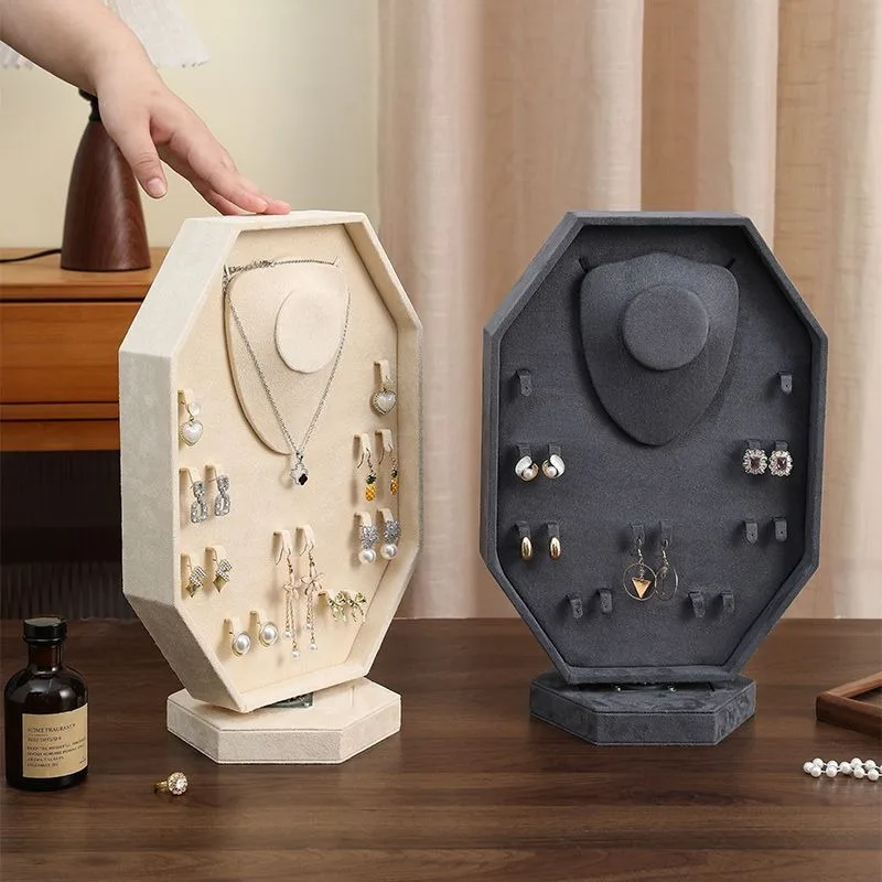 Velvet Jewelry Display Rack Counter Jewelry Storage Stand Rotatable Earrings Organizer Holder Desktop Necklace Displays Holders
