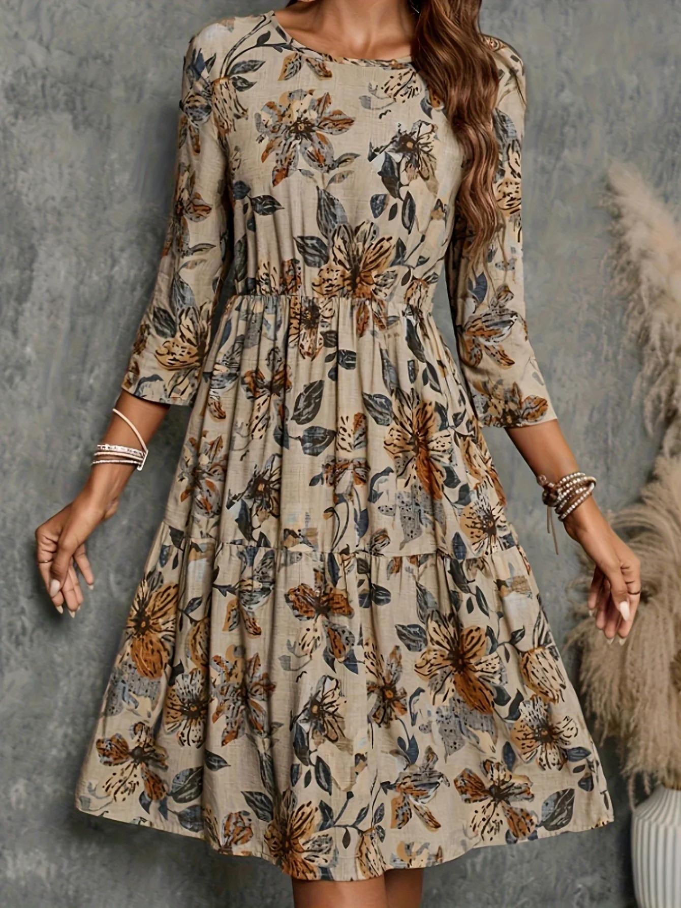 

Chic Floral Print A-Line Dress for Women - Casual Boat Neck, Long Sleeve, Machine Washable - Perfect for Spring & Fall