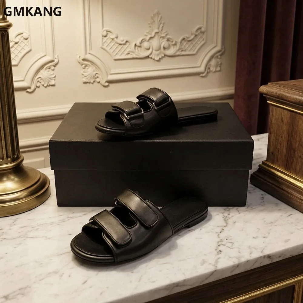 Womens Double  Wide Strap Flat Sandals, Casual Summer Slip-On Sandals with Metal Ring, Comfortable Cushioned Sole for