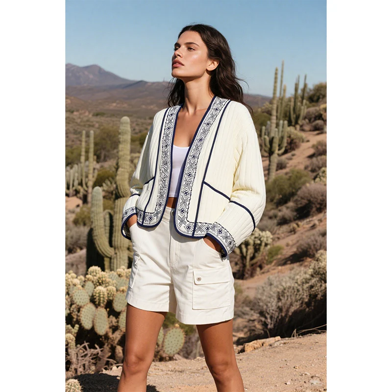 Veste femme ethnique motif brodé garniture contrastée Trafizaran automne hiver porter décontracté vêtements de voyage femme vêtements