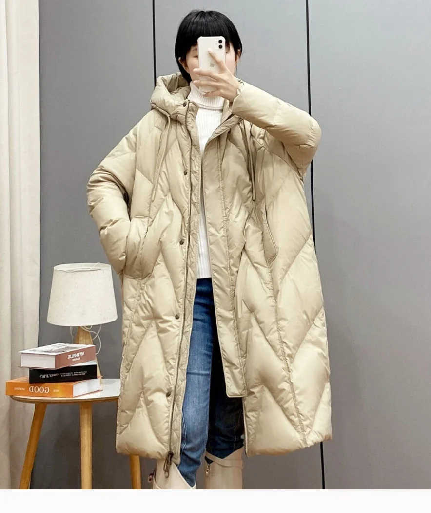 2023 off season new European down jacket women's medium length Korean version knee size loose hooded thickened winter coat