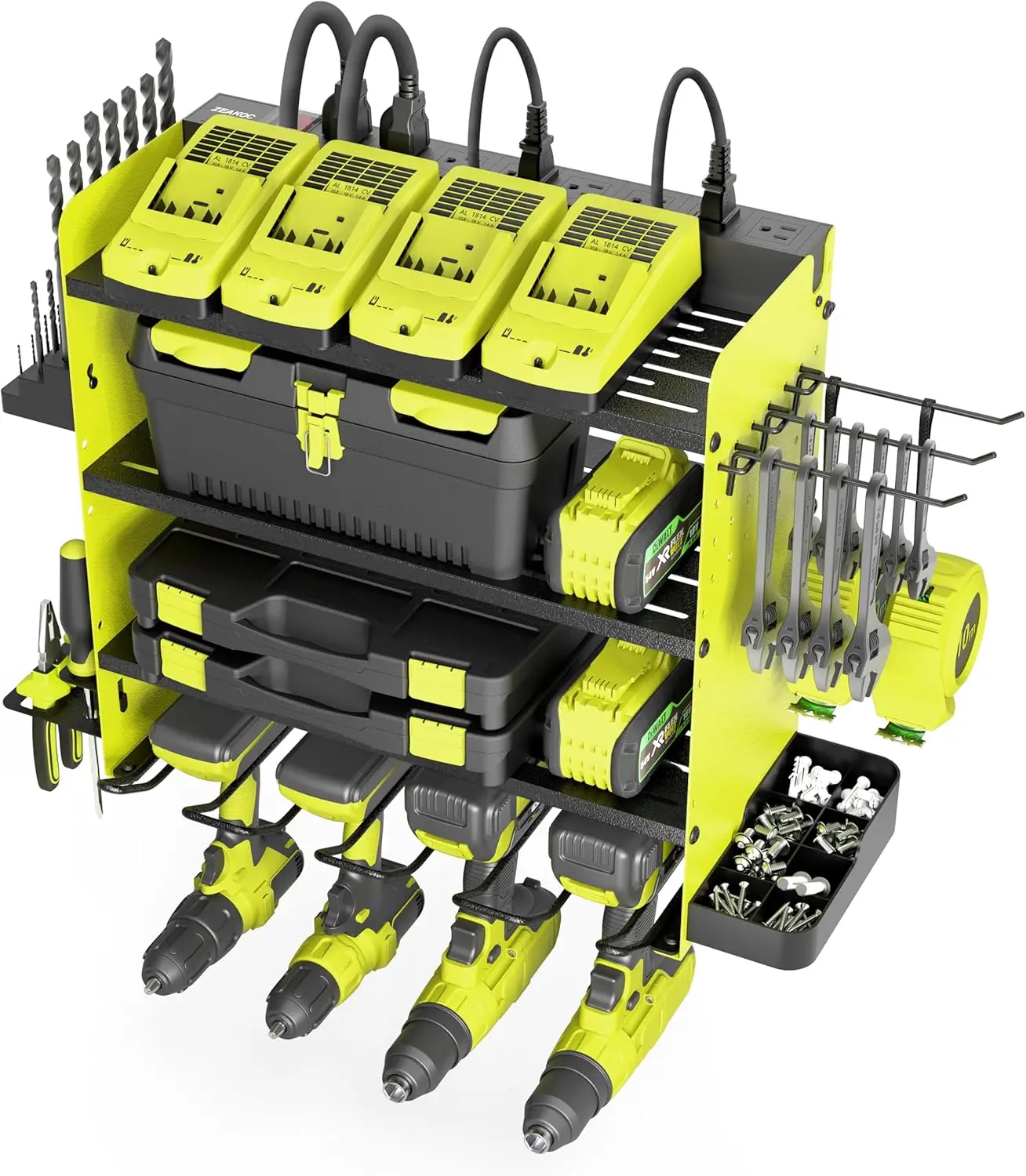 

4-Layer Metal Tool Organizer with Charging Station, Wall Mount Garage Rack and Power Strip for Drill Storage