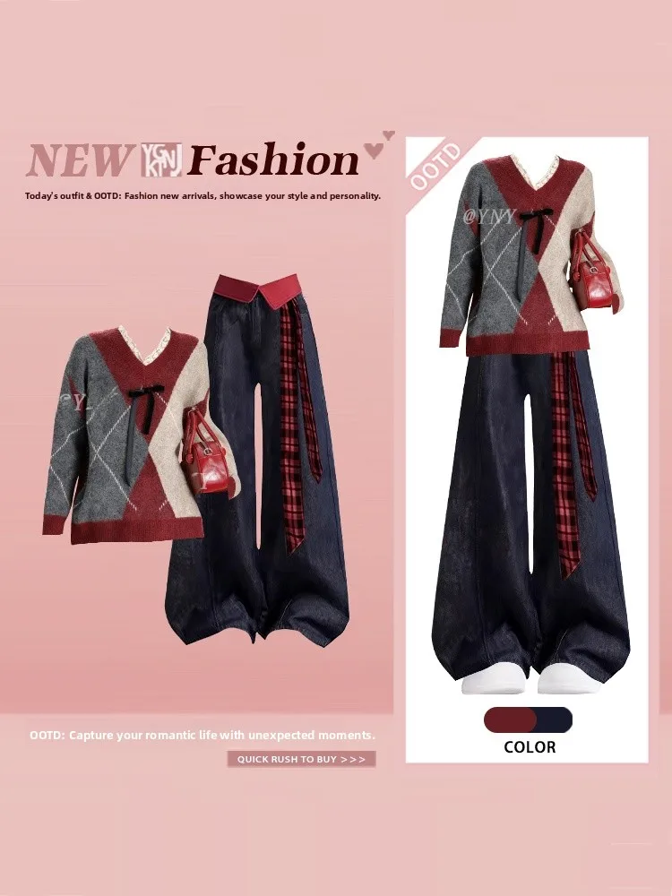 Cisas Aosphere Vintage Knitted Sweater High Waist Wide Leg Jeans Two Piece Set Retro Sle Long Sve V Ne ...