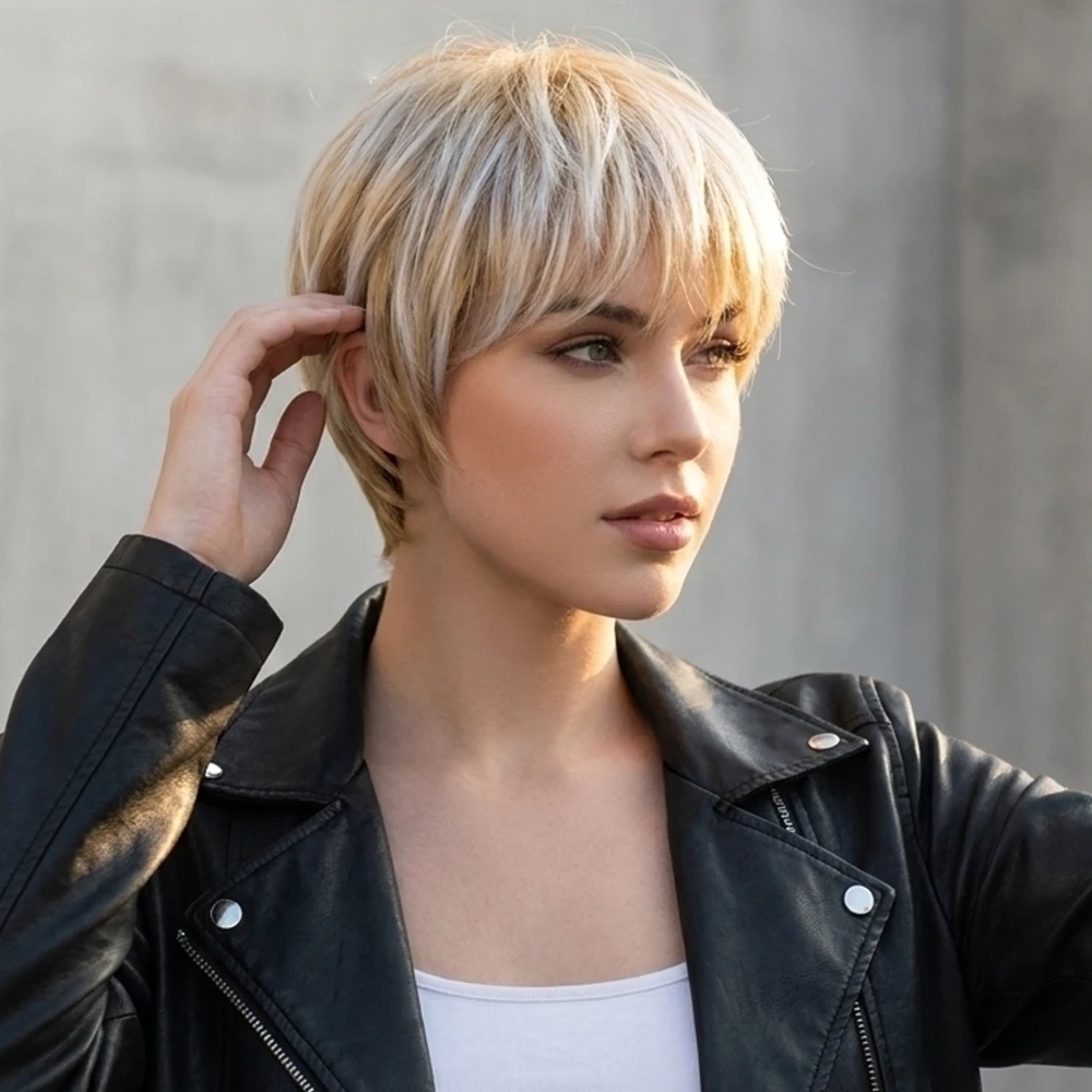 Women's Short Pix Cut Blonde Straight Wig Natural Synthetic For White Lady Daily Wear High Tempreture Fiber ﻿